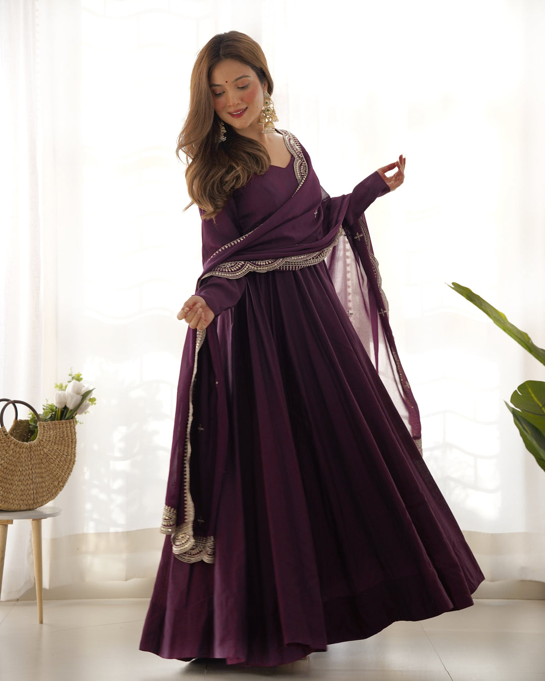 Pure Romansilk Chanderi Fabric Fully Flared Anarkali, with Dupatta Set and Pants, Ready to Wear.