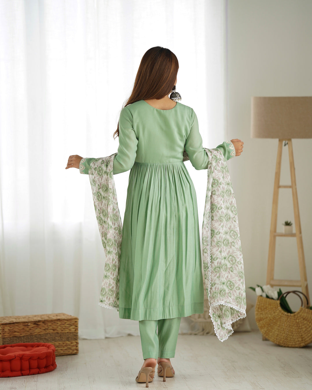 Elegant Mint Green Romasilk Chanderi Nyra Cut Kurta Set with Floral Dupatta