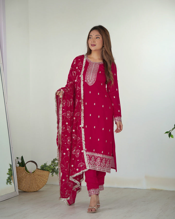 Exquisite Magenta Vichitra Silk Kurta Set with Embroidered Dupatta