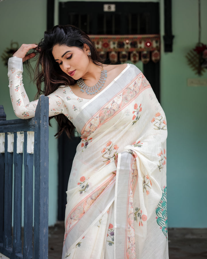 Ivory Pure Cotton Linen Saree with Pastel Floral Design, Blouse, and Tassel Detailing