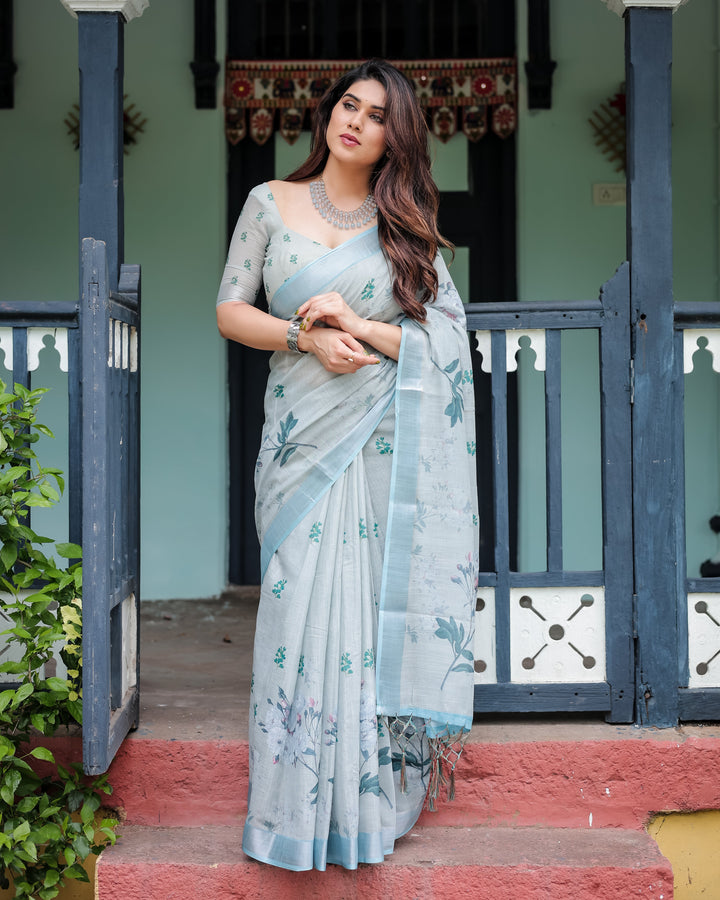 Pastel Grey Pure Cotton Linen Saree with Floral Print, Blouse, and Tassel Detailing