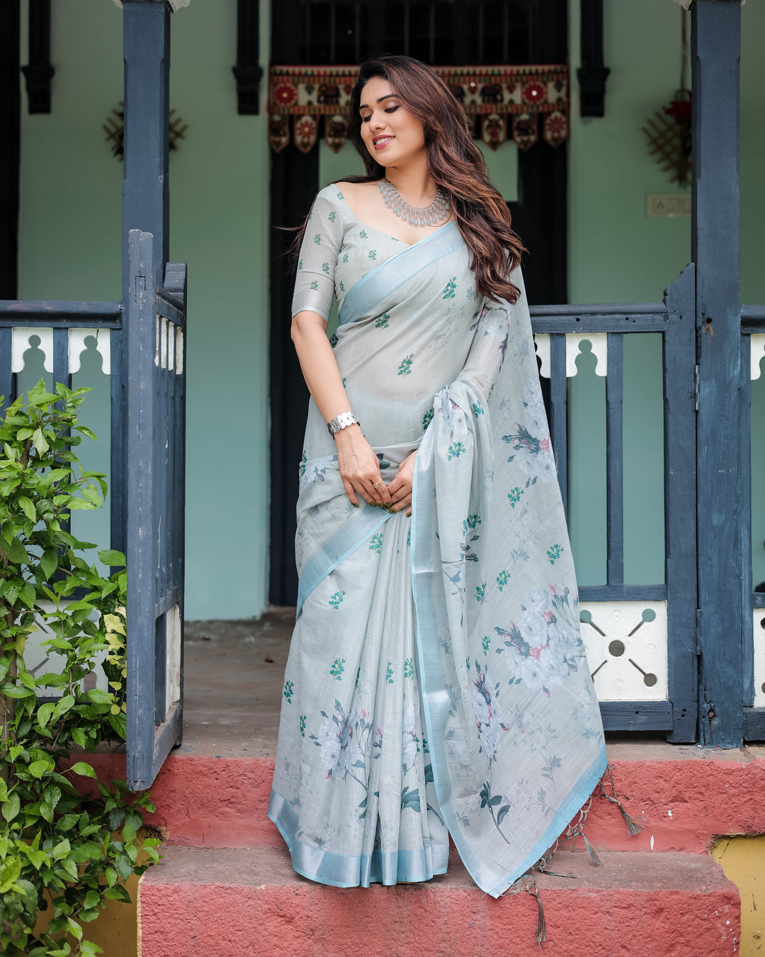 Pastel Grey Pure Cotton Linen Saree with Floral Print, Blouse, and Tassel Detailing