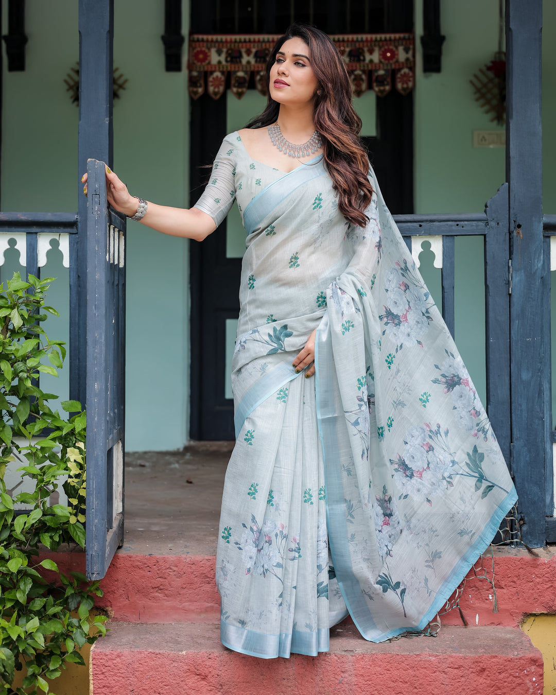 Pastel Grey Pure Cotton Linen Saree with Floral Print, Blouse, and Tassel Detailing