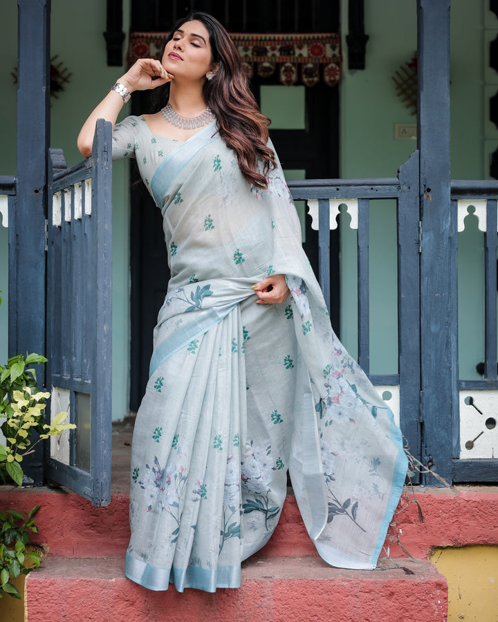 Pastel Grey Pure Cotton Linen Saree with Floral Print, Blouse, and Tassel Detailing