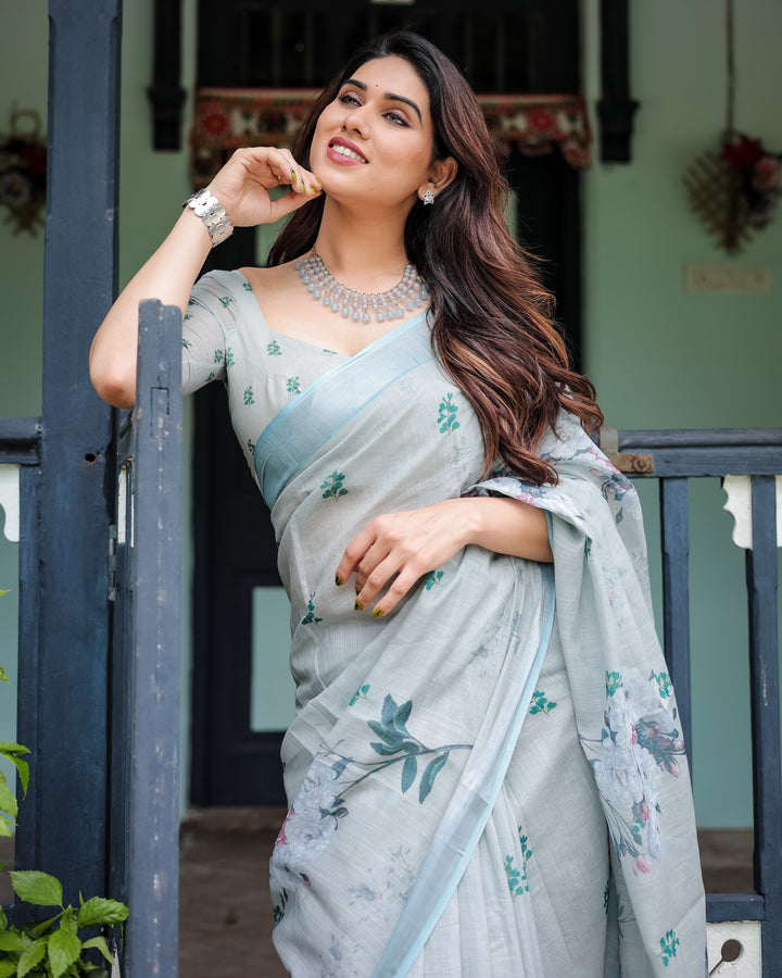 Pastel Grey Pure Cotton Linen Saree with Floral Print, Blouse, and Tassel Detailing