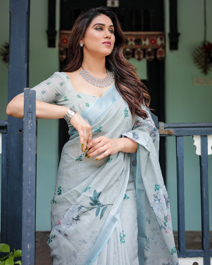 Pastel Grey Pure Cotton Linen Saree with Floral Print, Blouse, and Tassel Detailing