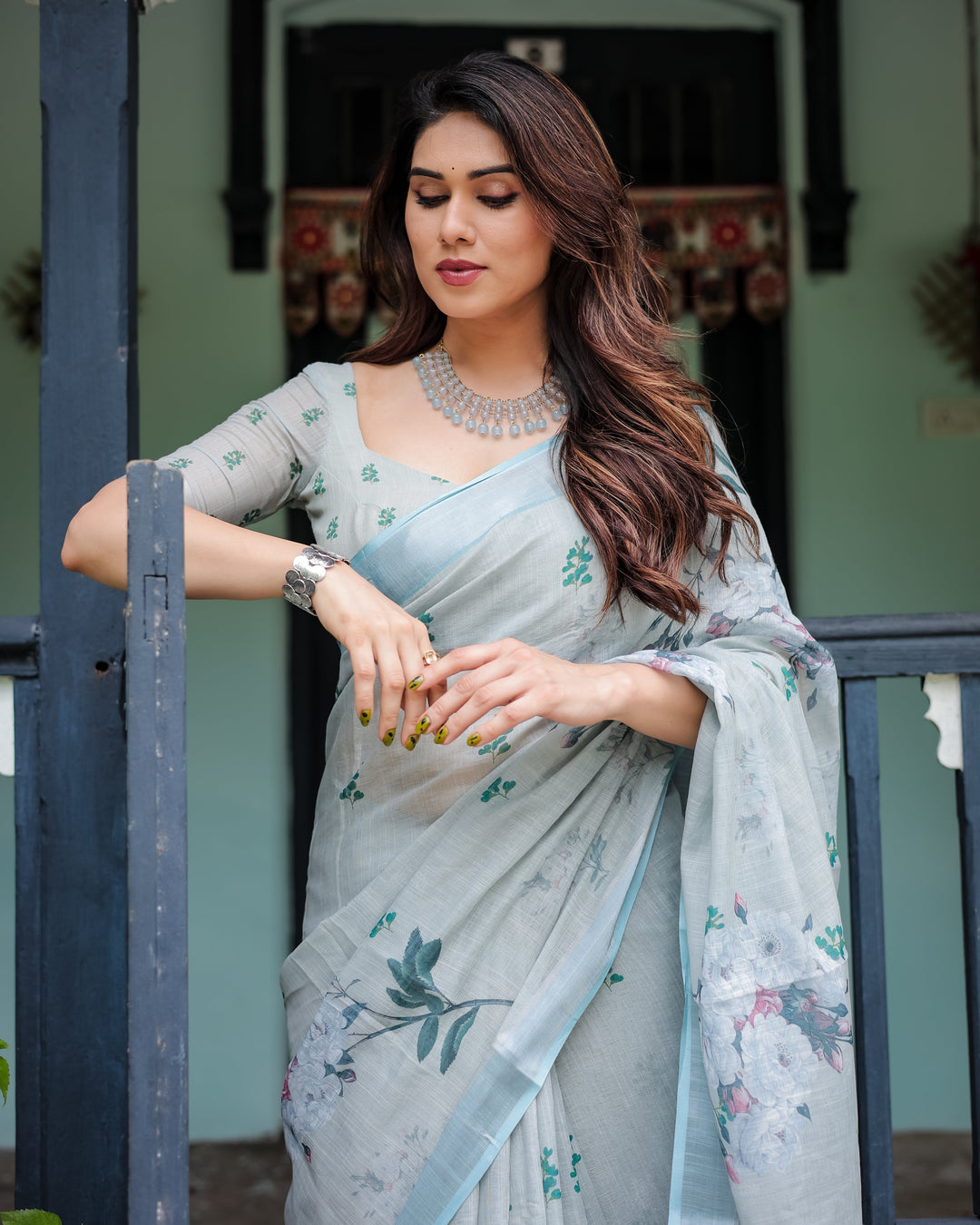 Pastel Grey Pure Cotton Linen Saree with Floral Print, Blouse, and Tassel Detailing