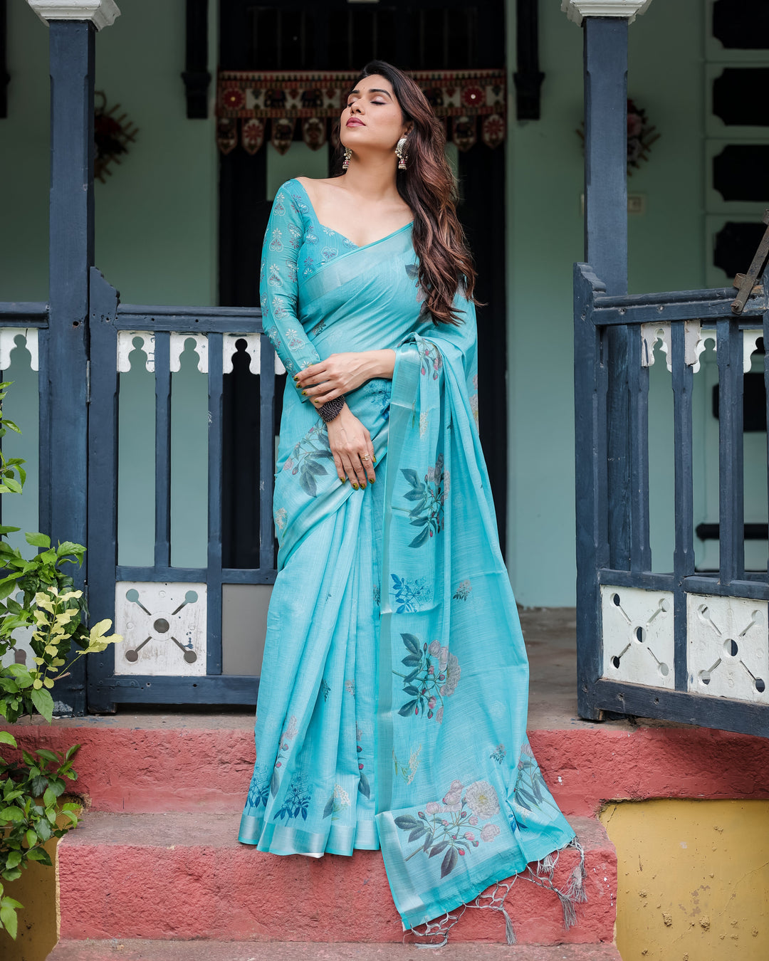 Aqua Blue Pure Cotton Linen Saree with Floral Design, Blouse, and Tassel Detailing