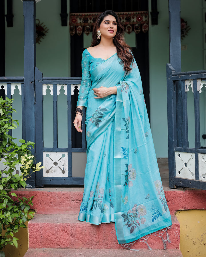 Aqua Blue Pure Cotton Linen Saree with Floral Design, Blouse, and Tassel Detailing