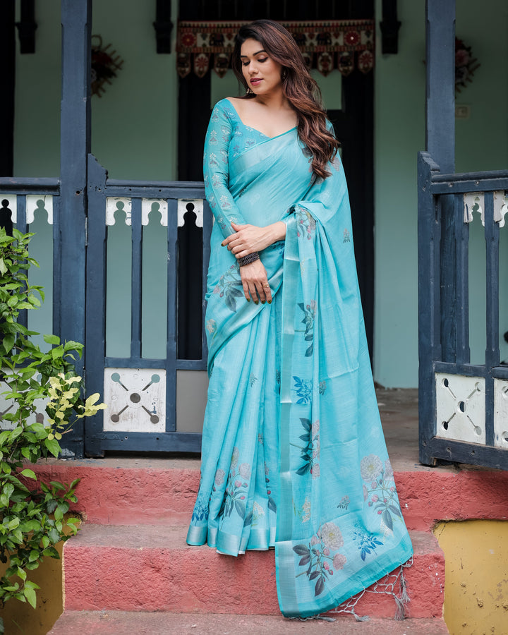 Aqua Blue Pure Cotton Linen Saree with Floral Design, Blouse, and Tassel Detailing