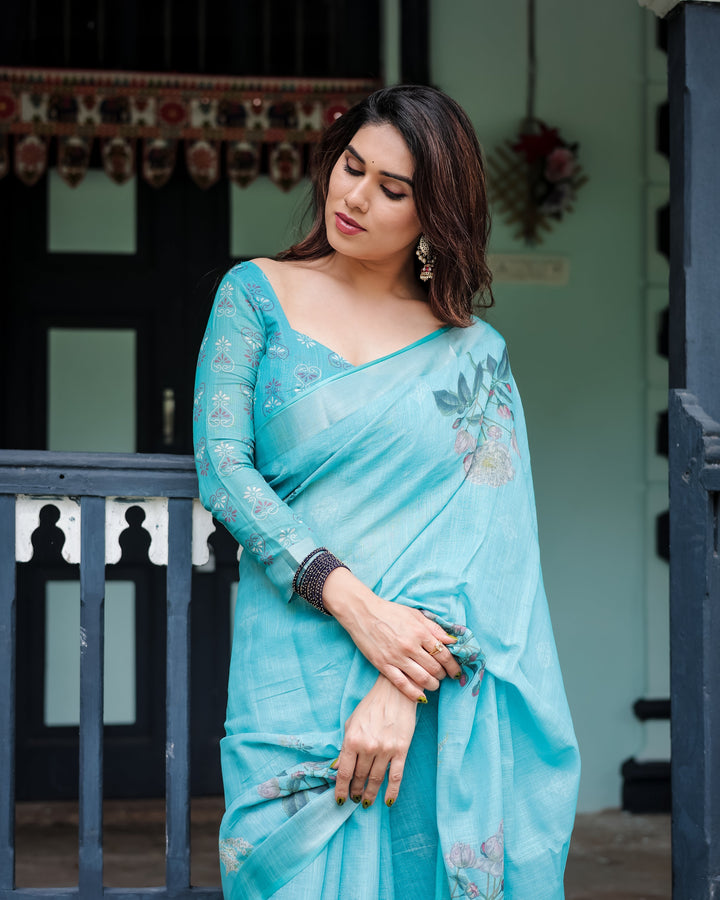 Aqua Blue Pure Cotton Linen Saree with Floral Design, Blouse, and Tassel Detailing