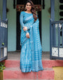 Turquoise Pure Cotton Linen Saree with White Floral Design, Blouse, and Tassel Edges