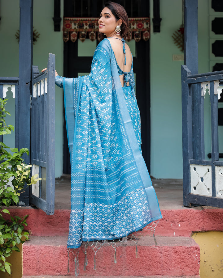 Turquoise Pure Cotton Linen Saree with White Floral Design, Blouse, and Tassel Edges