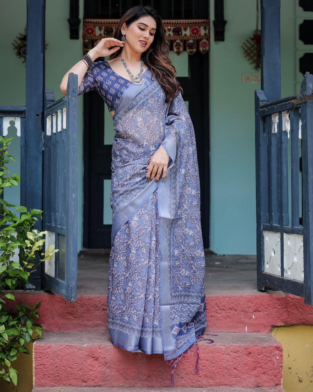 Steel Blue Pure Cotton Linen Saree with Floral and Geometric Block Print, Blouse, and Tassel Detailing