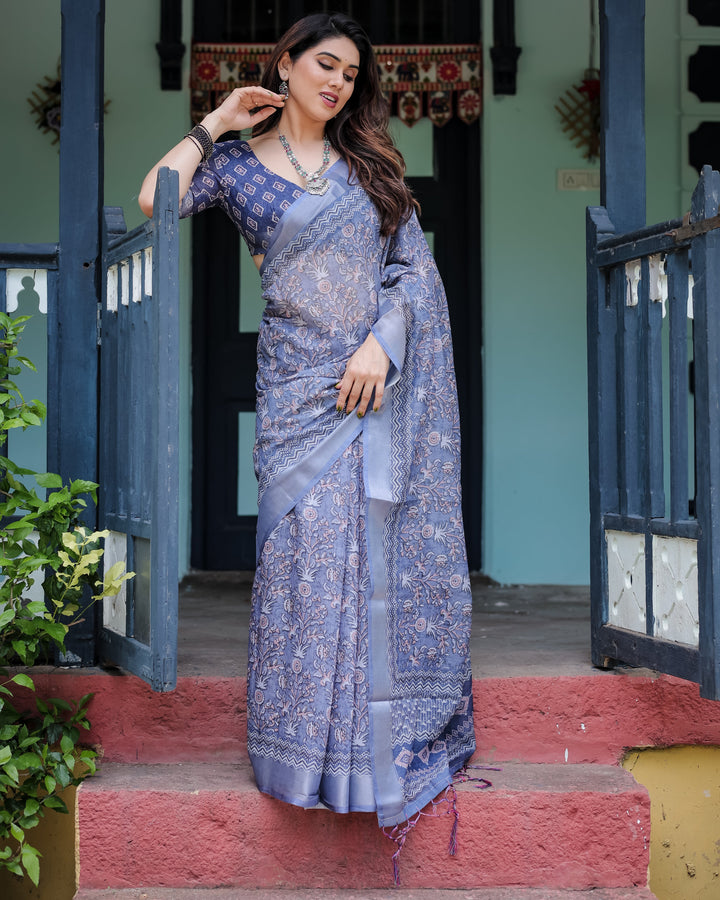 Steel Blue Pure Cotton Linen Saree with Floral and Geometric Block Print, Blouse, and Tassel Detailing