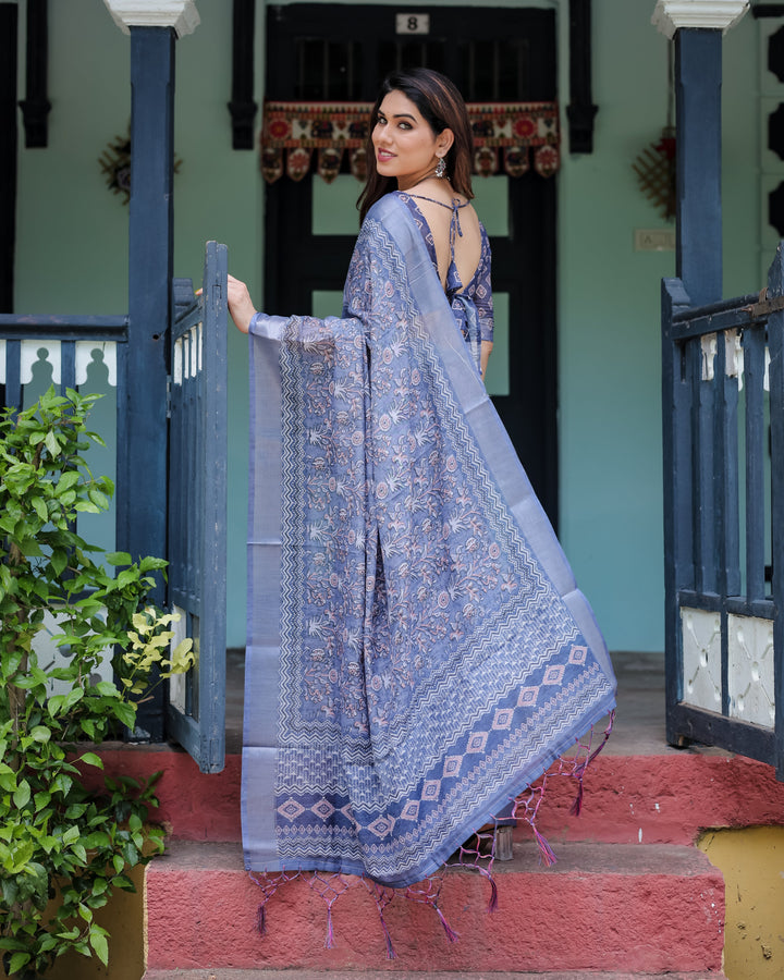 Steel Blue Pure Cotton Linen Saree with Floral and Geometric Block Print, Blouse, and Tassel Detailing