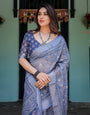 Steel Blue Pure Cotton Linen Saree with Floral and Geometric Block Print, Blouse, and Tassel Detailing