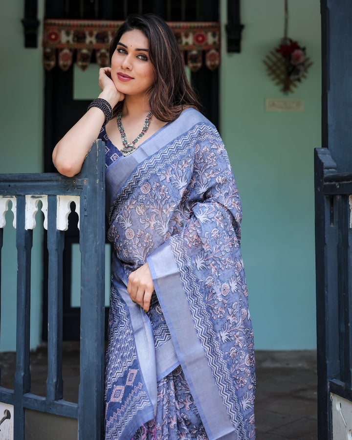 Steel Blue Pure Cotton Linen Saree with Floral and Geometric Block Print, Blouse, and Tassel Detailing