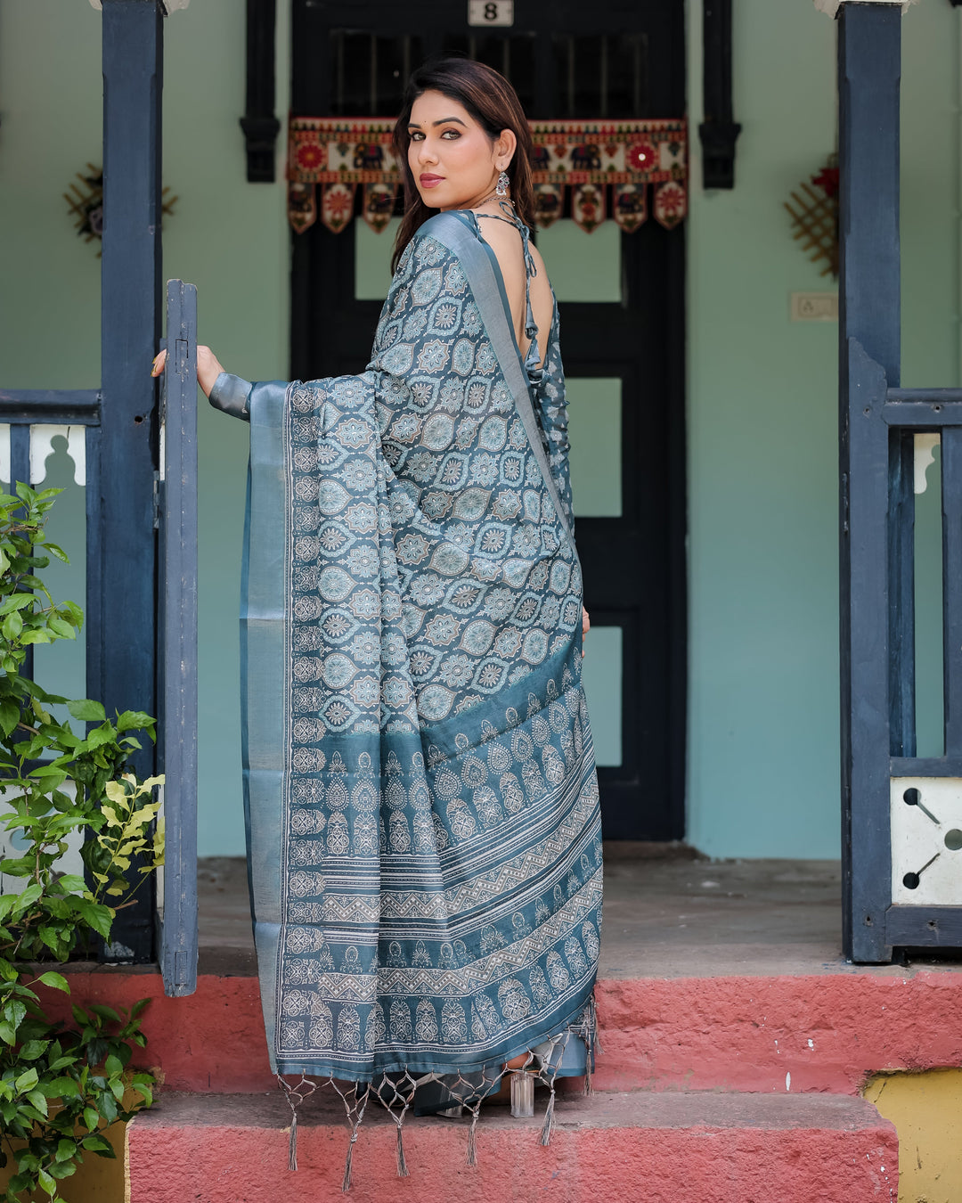 Teal Blue Pure Cotton Linen Saree with Geometric Block Print, Blouse, and Tassel Detailing