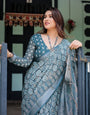 Teal Blue Pure Cotton Linen Saree with Geometric Block Print, Blouse, and Tassel Detailing