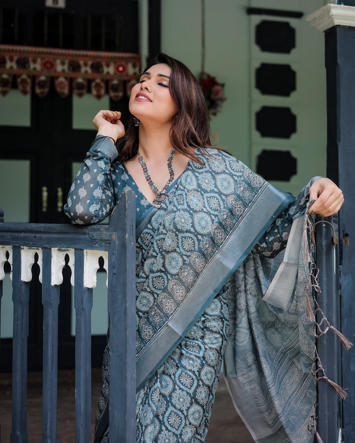 Teal Blue Pure Cotton Linen Saree with Geometric Block Print, Blouse, and Tassel Detailing