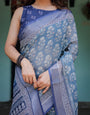 Elegant Blue Pure Cotton Linen Saree with Floral Pattern, Blouse, and Tassels on Edges