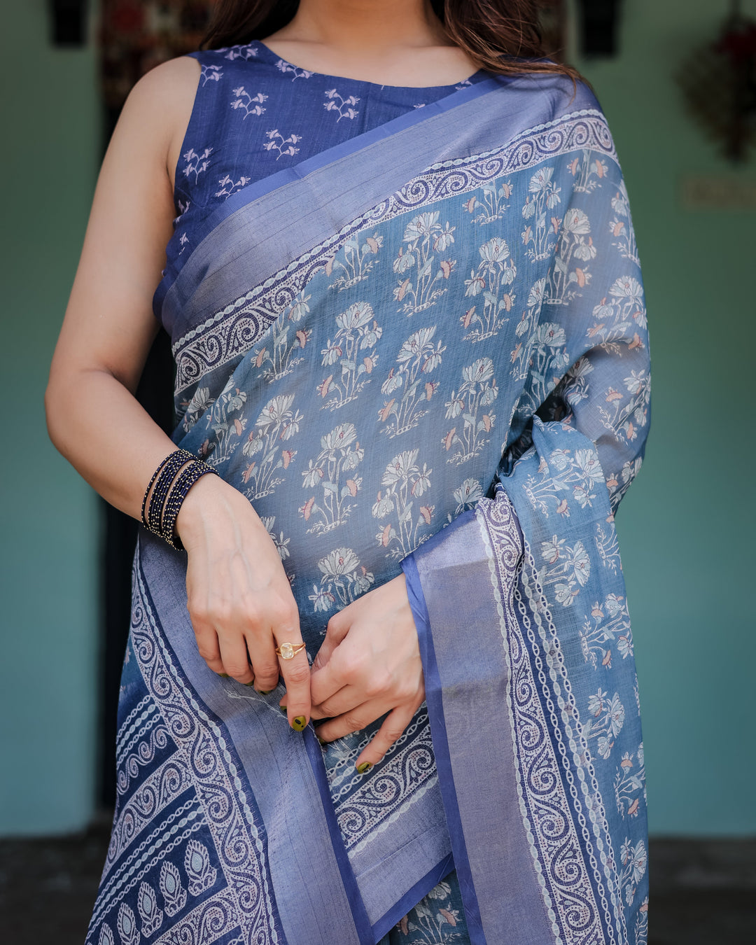 Elegant Blue Pure Cotton Linen Saree with Floral Pattern, Blouse, and Tassels on Edges