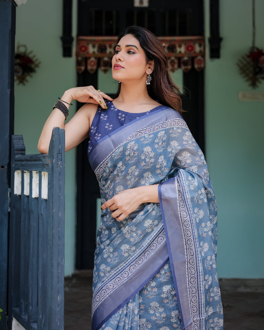 Elegant Blue Pure Cotton Linen Saree with Floral Pattern, Blouse, and Tassels on Edges