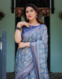 Elegant Blue Pure Cotton Linen Saree with Floral Pattern, Blouse, and Tassels on Edges