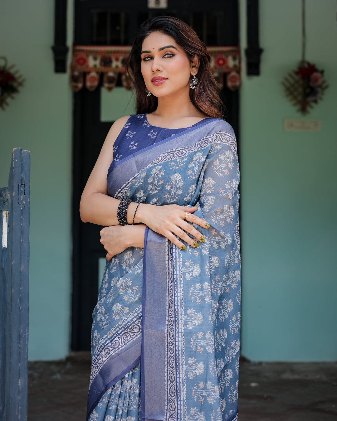 Elegant Blue Pure Cotton Linen Saree with Floral Pattern, Blouse, and Tassels on Edges