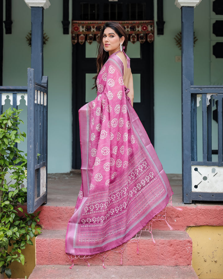 Magenta Pure Cotton Linen Saree with White Floral Block Print, Blouse, and Tassel Detailing