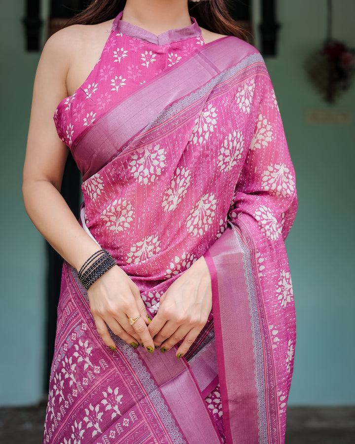 Magenta Pure Cotton Linen Saree with White Floral Block Print, Blouse, and Tassel Detailing