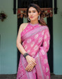 Magenta Pure Cotton Linen Saree with White Floral Block Print, Blouse, and Tassel Detailing