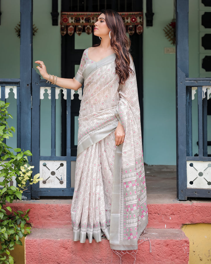 Soft Grey Pure Cotton Linen Saree with Pink and White Ikat Design, Blouse, and Tassel Detailing