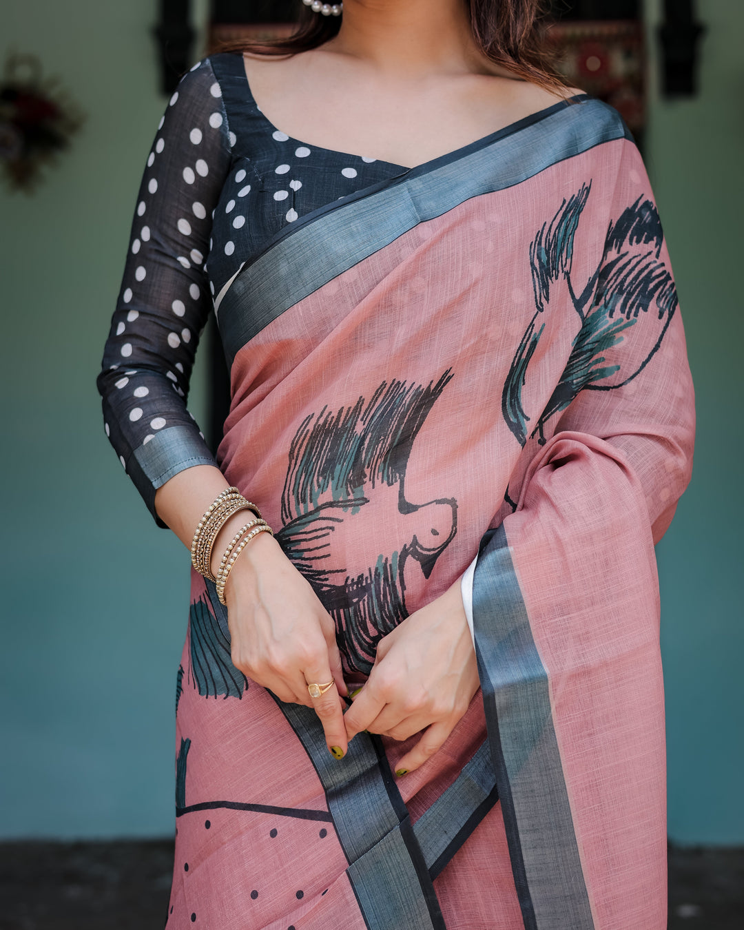 Blush Pink Pure Cotton Linen Saree with Contrast Polka Dot Blouse and Tassel Detailing