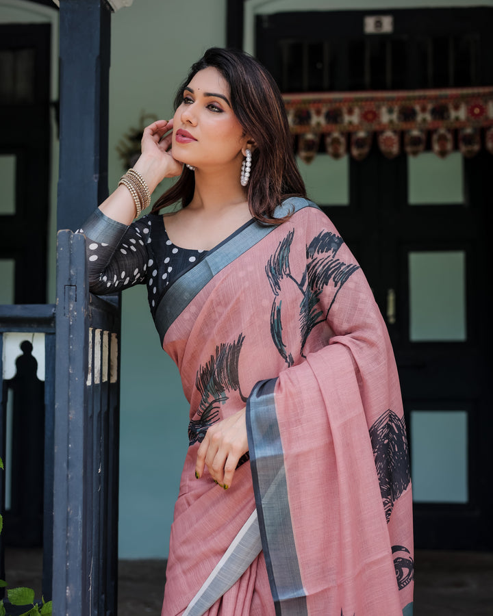 Blush Pink Pure Cotton Linen Saree with Contrast Polka Dot Blouse and Tassel Detailing