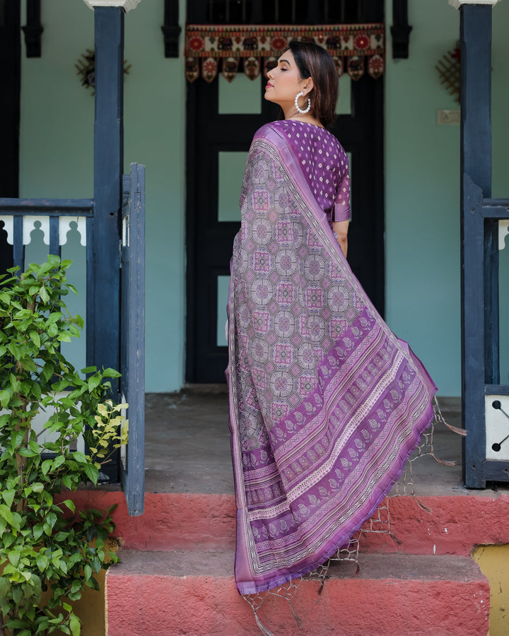 Elegant Purple Cotton Linen Saree with Geometric Motif and Blouse