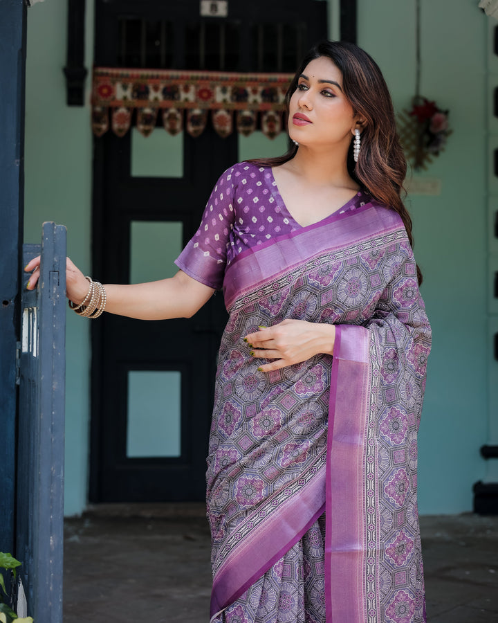 Elegant Purple Cotton Linen Saree with Geometric Motif and Blouse