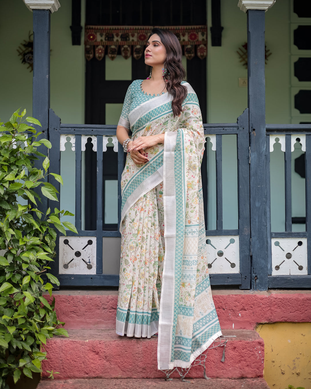 Elegant Floral Printed Pure Cotton Linen Saree in Ivory with Teal Border and Blouse, Tassels on Edges