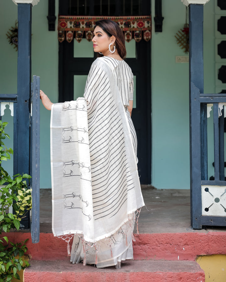 White and Black Pure Cotton Linen Saree with Striped Pattern, Blouse, and Tassel Detailing