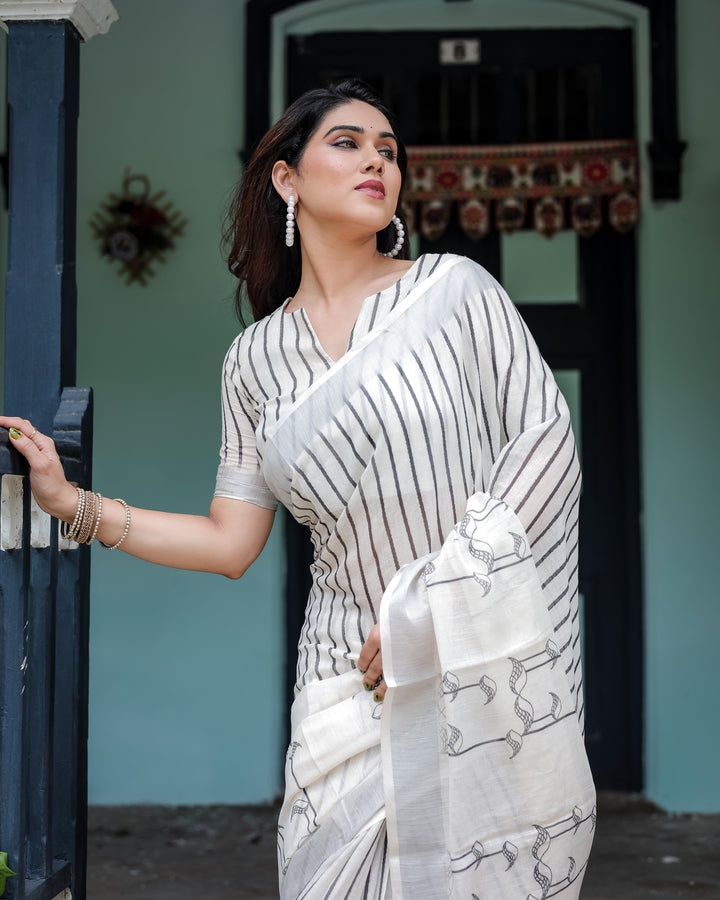 White and Black Pure Cotton Linen Saree with Striped Pattern, Blouse, and Tassel Detailing