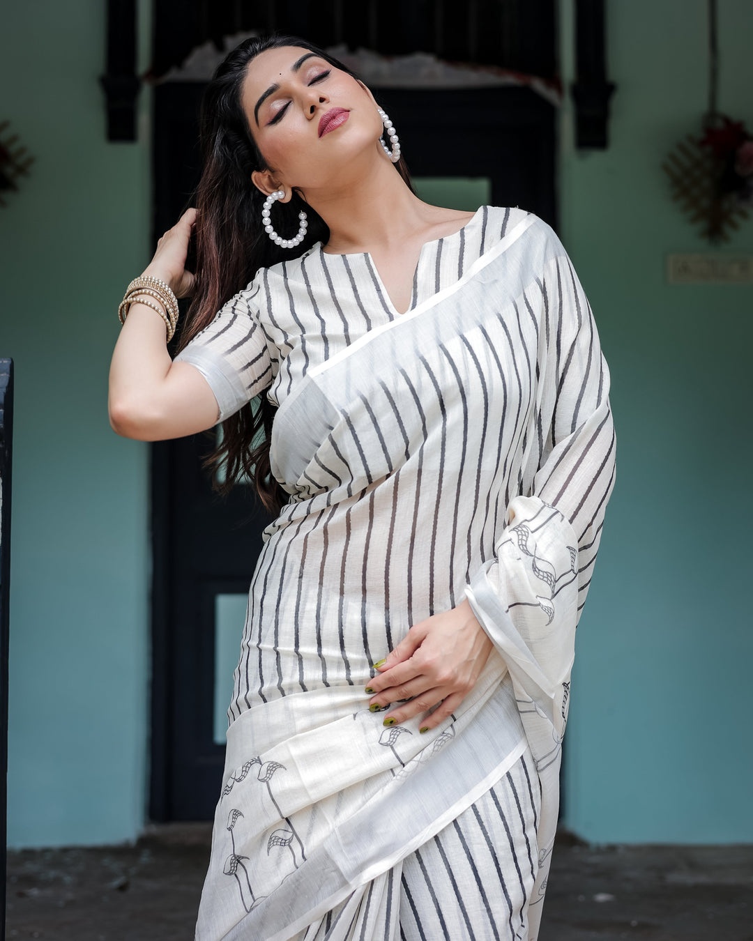 White and Black Pure Cotton Linen Saree with Striped Pattern, Blouse, and Tassel Detailing