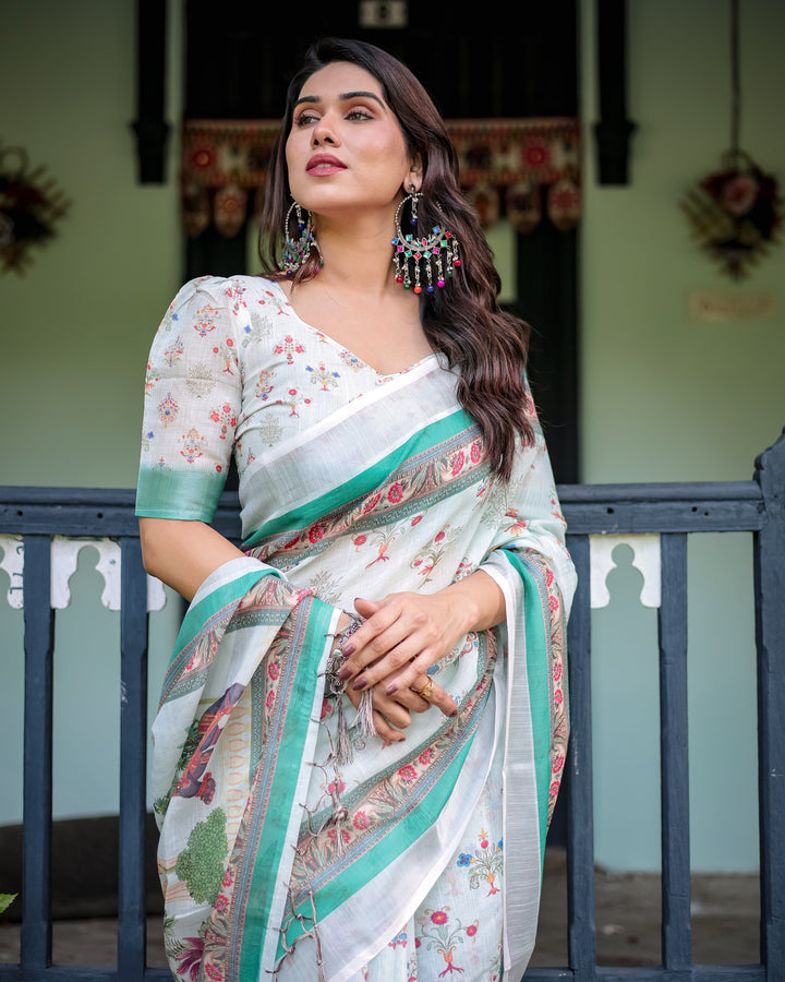 Ivory Pure Cotton Linen Saree with Elephant Motif and Floral Pattern, Green and Pink Borders, and Tassels on Edges.