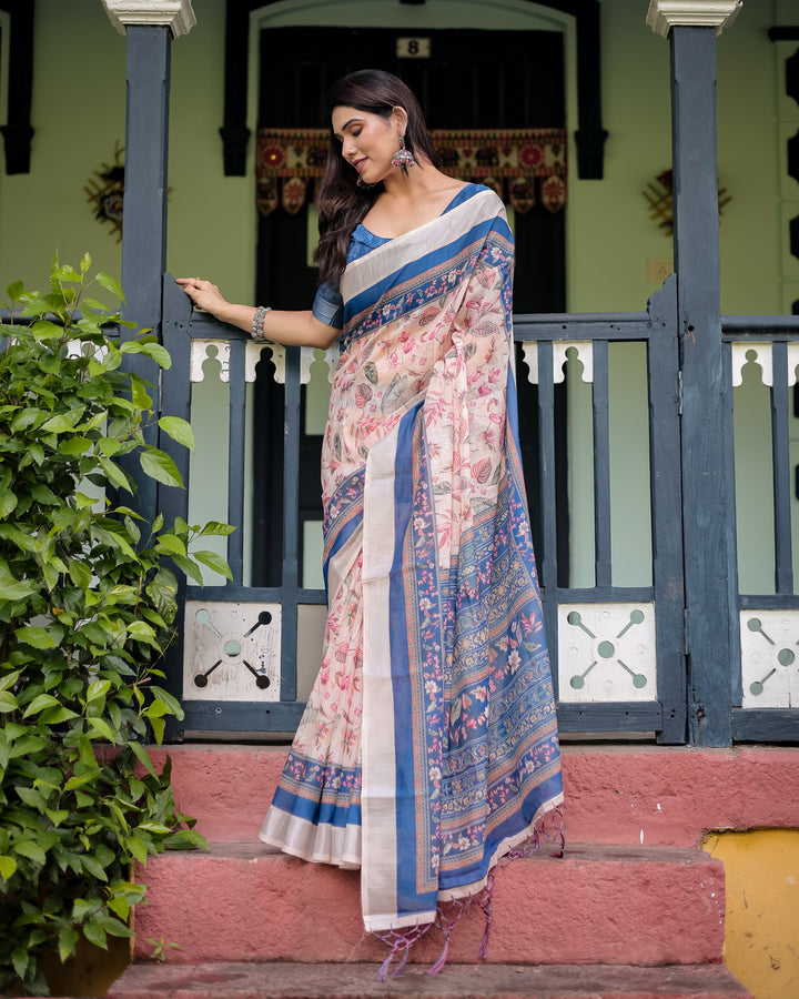 Pure Cotton Linen Saree with Blue Floral Border and Pink Leaf Design with Tassels on Edges