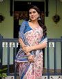 Pure Cotton Linen Saree with Blue Floral Border and Pink Leaf Design with Tassels on Edges