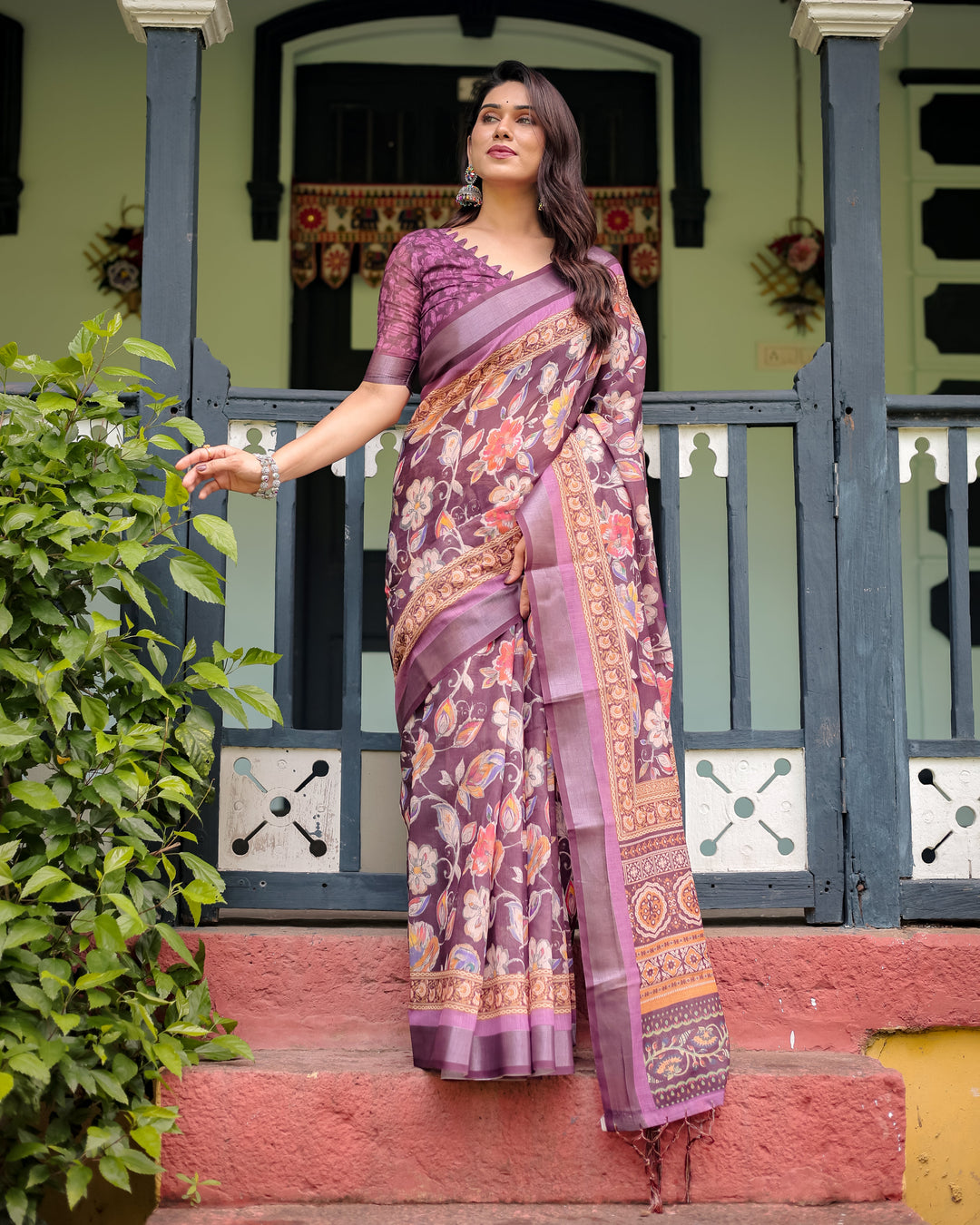 Purple Floral Printed Pure Cotton Linen Saree with Blouse and Tassels