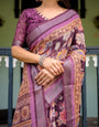 Purple Floral Printed Pure Cotton Linen Saree with Blouse and Tassels