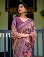 Purple Floral Printed Pure Cotton Linen Saree with Blouse and Tassels