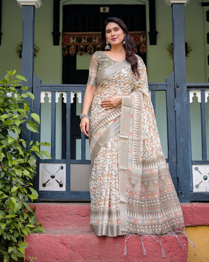 Beige Pure Cotton Linen Saree with Geometric and Leaf Pattern, Blouse, and Tassels