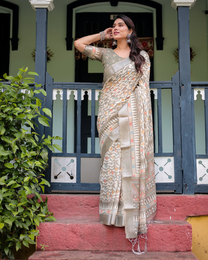 Beige Pure Cotton Linen Saree with Geometric and Leaf Pattern, Blouse, and Tassels